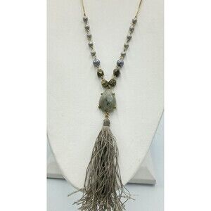 LOFT 30" Necklace Goldtone Gray Stone Tassel Pendant Pearl Signed Boho Jewelry